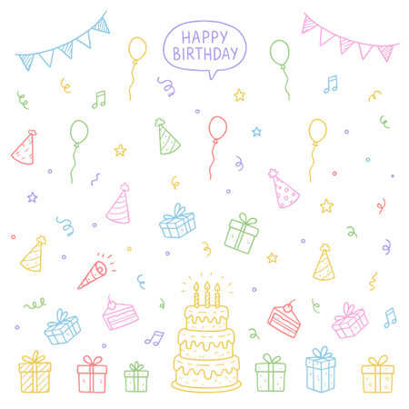 Hand drawn doodle sketches birthday, cake, balloons, event decoration element. Party, carnival, celebration concept background. Vectorのイラスト素材