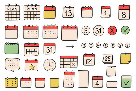 Doodle calendar symbol set. Calendar planner icon collection. Reminder organizer event signs. Calendar notification icon. Business plan schedule. Vectorのイラスト素材