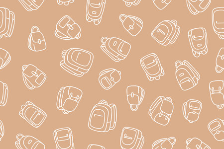 Seamless pattern of school bags and travel backpacks in doodle style. White backpack icons on beige...