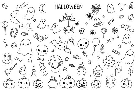 Halloween doodle set. Hand drawn illustration for All Saints Day: pumpkin, ghost, magic items, witch hat. Vector illustration in doodle style. Vector illustrationのイラスト素材