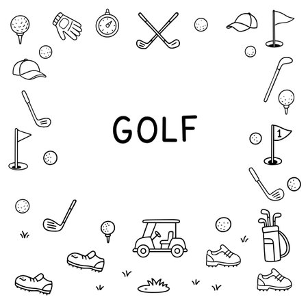 Set of vector drawings: sports equipment and golf items in doodle style. Black and white linear illustrations. Vector on white background. Vectorのイラスト素材