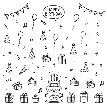 Hand drawn sketches of birthday, cake, balloons, event decoration element. Party, carnival, celebration concept background. Black and white doodle illustration. Vectorのイラスト素材