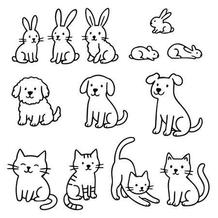 Set of cute animals in doodle style on white background. Hand drawn rabbits, dogs and cats in different poses. Vectorのイラスト素材