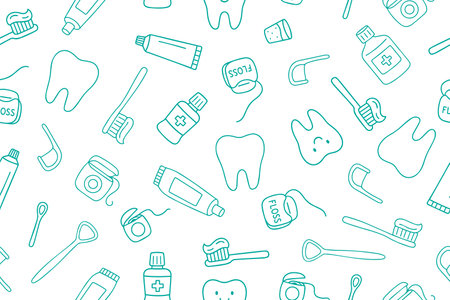 Seamless pattern with oral hygiene tools in doodle style. Healthcare concept. Hand drawn blue icons on white background. Vectorのイラスト素材