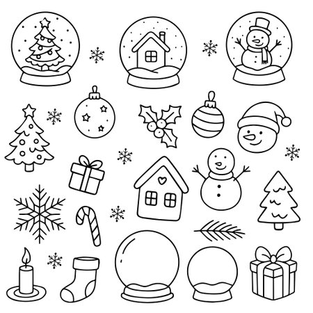 Set with Christmas snow globes and other elements. Winter souvenir air balloon with snow on a stand. Cute house under the snow. Vector illustration, drawing. Vectorのイラスト素材