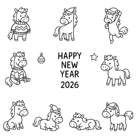 Set of Cute Horses - symbol of 2026. Cute foals in Santa Claus hat with gifts, Christmas tree and bags. Vector illustration. Vectorのイラスト素材