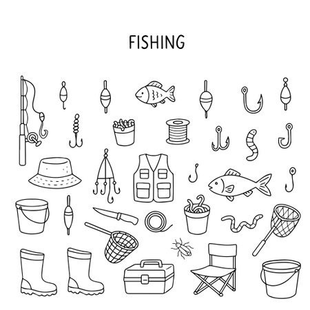 Fishing doodle icon set. Active recreation and hunting equipment. Vector illustrationのイラスト素材