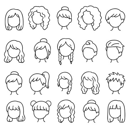 Collection of diverse hairstyle vector illustrations featuring various styles such as curly, straight, and short. Ideal for design projects. Vector illustrationのイラスト素材