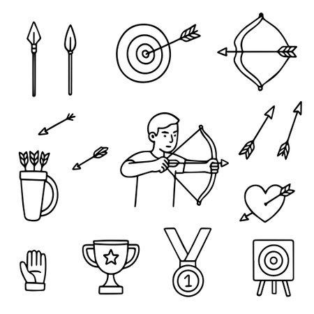 Black and white vector illustration depicting archery equipment and action scenes. Includes bow, arrows, target, and a person aiming. Elements highlight competitive archery themes. Vector illustrationのイラスト素材