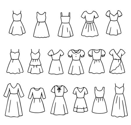 Hand drawn vector illustration depicting many different dress models with different necklines, sleeves and skirt types. Vector illustrationのイラスト素材