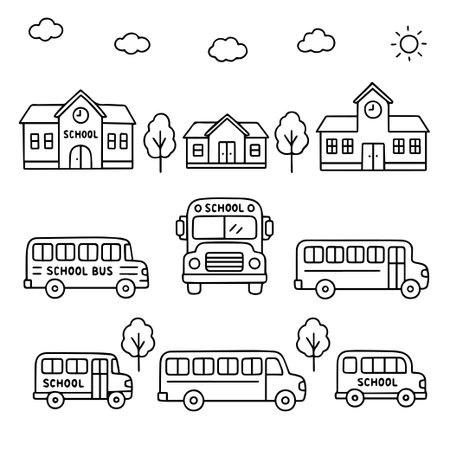 Vector illustration featuring a collection of school buses and school buildings. Perfect for...