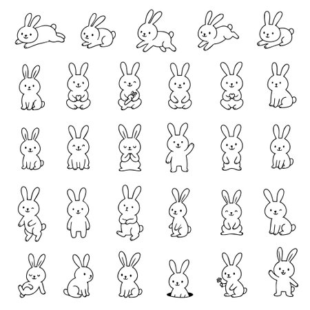 Adorable vector illustration showing cute bunnies in a variety of poses. Ideal for design projects. Vector illustrationのイラスト素材