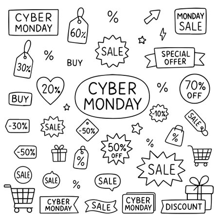 Cyber Monday vector illustration with various sale tags and discounts. Includes percentages, special offers, and shopping icons, perfect for marketing materials and online promotions. Vectorのイラスト素材