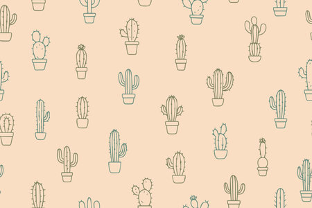 Seamless pattern of hand-drawn green cacti. Exotic prickly plants in doodle style. Vector line...