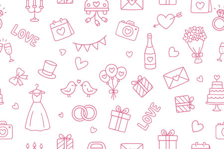 Seamless pattern of wedding icons in doodle style. Vector illustrationのイラスト素材