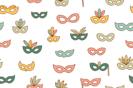 A  pattern of colorful masquerade masks in doodle style. Vector illustration. Vector illustrationのイラスト素材
