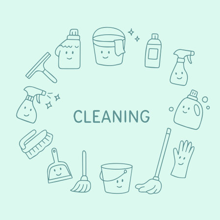 Cleaning services, hand-drawn doodle banner. Set of vector illustrations. Vector illustrationのイラスト素材