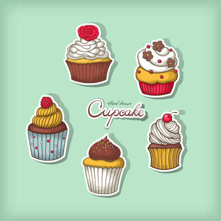 Set of hand drawn cupcake. Hand drawn illustration. Food image.のイラスト素材