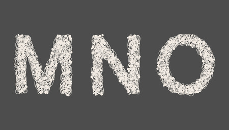 Art sketched stylized alphabet in vector, black grungy ink font, signs M, N, Oのイラスト素材