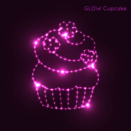 Neon glowing element. Cupcake consists of points of light like constellation. Vector illustration.のイラスト素材