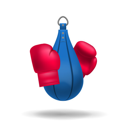 Vector realistic boxing gloves and punching bag. Sport illustration with boxing object. Fight boxer isolated equipment: punching bag and boxing gloves. Vector illustration.のイラスト素材
