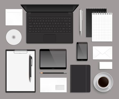 Top view office corporate design mockup template. Work space with computer and accessories.  Business template for branding identity.のイラスト素材