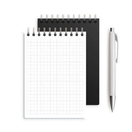 Two spiral notebook and white ballpoint Pen, 3d. Realistic vector illustrationのイラスト素材