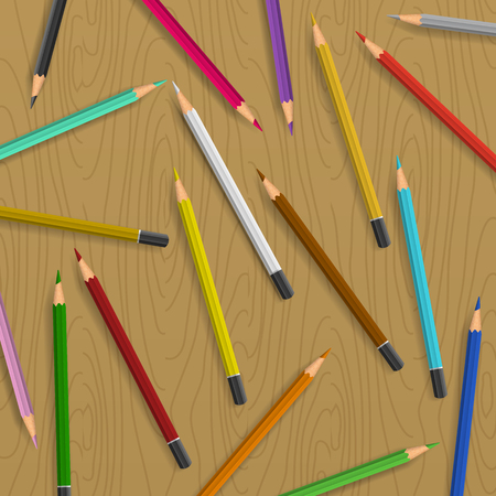 Scattered pencils on table background. Color pencils illustrationのイラスト素材