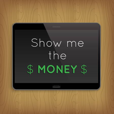 Realistic tablet on wooden table.のイラスト素材