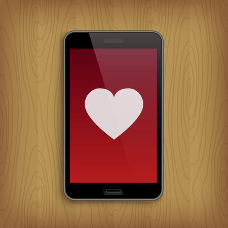 Smartphone, mobile phone on wooden table with white heart on red background. Valentine's Day and Love concept, realistic vector illustrationのイラスト素材