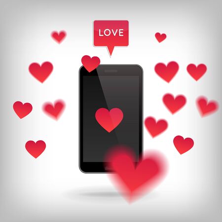 Realistic phone with hearts around and speach bubble with Love. Valentine and Love concept. Realistic vector illustrationのイラスト素材