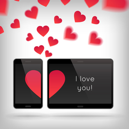 Love on Gadget. Vector illustration of smart phone and tablet. Happy Valentines Day on Mobile and Tablet. Phone and tablet screen with Hearts. Scattering hearts on backgroundのイラスト素材