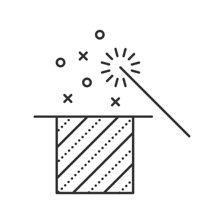 Magic show. Trick with a hat. Stars in cylinder with magic wand. Flat design. Thin line style. Vector illustration isolated on white backgroundのイラスト素材