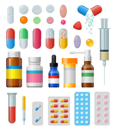Set of vector pills and capsules. Icons of medicament. Tablets in blisters: painkillers, antibiotics, vitamins and aspirin. Pharmacy and drug symbols. Medical illustration on white background.のイラスト素材