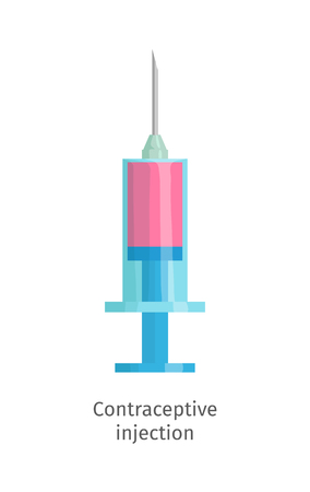 Contraceptive method - injection. Medical syringe with liquid. Female hormonal contraception. Planning pregnancy. Symbol of medical birth control. Vector flat illustration.のイラスト素材
