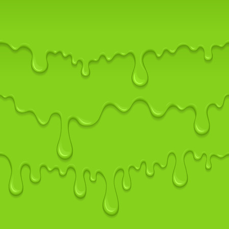 Background of dribble slime. Flowing green sticky liquid. Melted paint drips and flowing. Vector halloween illustration with toxic blob on greyのイラスト素材