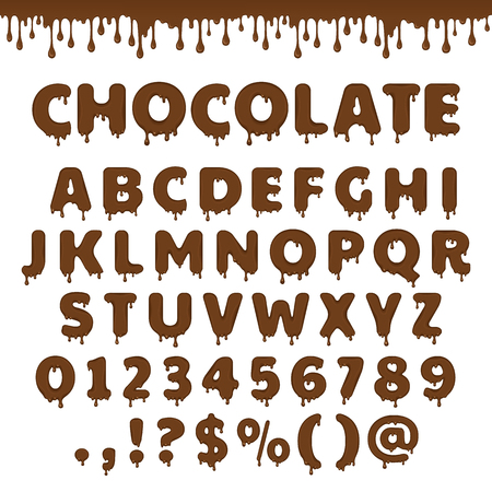 Dark chocolate latin alphabet, abc. Vector font type with flow and drop of melting brown chocolate or liquid. For sweet candy or cocoa dessert packaging design. Numbers and symbols isolated on whiteのイラスト素材