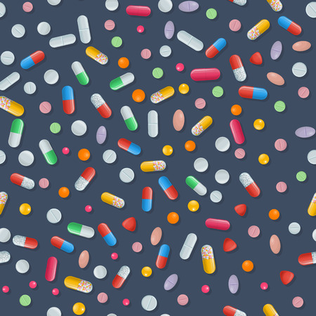 Vector medical seamless pattern with color capsule and dragee, caplet and tablet on white background. Pharmaceutical pills, painkiller and antibiotics. Medicine illustration of medicament drugs.のイラスト素材