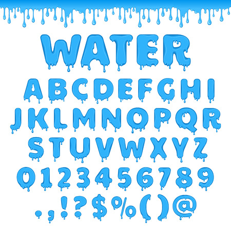 Fresh water latin alphabet, abc. Set of vector letters with splash of blue liquid or clear aqua. Numbers and symbols isolated on white background.のイラスト素材