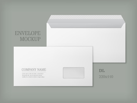Open and closed white empty envelopes for letters and documents. Paper blank template with transparent window. Mockup post envelope. Vector illustration isolated on gray background.のイラスト素材
