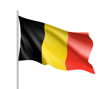 Waving flag of Belgium state. Illustration of European country flag on flagpole with black, yellow and red colors. Vector 3d icon isolated on white backgroundのイラスト素材