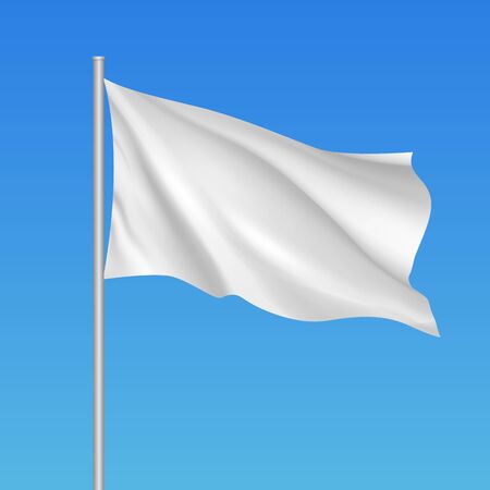 White waving flag template. Clean horizontal flag, for your design. Empty blank of flag on flagpole on the sky. Vector 3d mockup.のイラスト素材