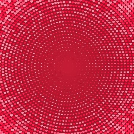 Halftones abstract background with hearts. Vector dots texture. Vintage or retro red wallpaper. Modern love round backdropのイラスト素材