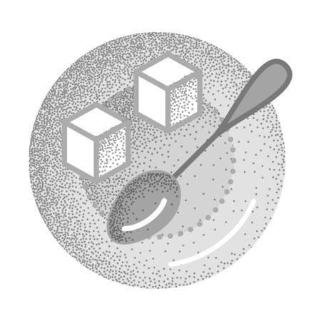 Set of black and white vintage tea icons with retro texture. Refined sugar cubes and spoon on plate. Ingredient for sweet tea or coffee. Vector vintage icon. Illustration.のイラスト素材