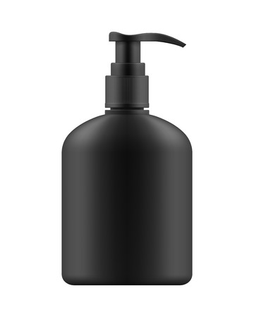 Vector realistic blank template of plastic bottle with dispenser. Mock-up of package. Empty and clean 3d white plastic container with pump for liquid soap, care cream, shampoo, body cream.のイラスト素材