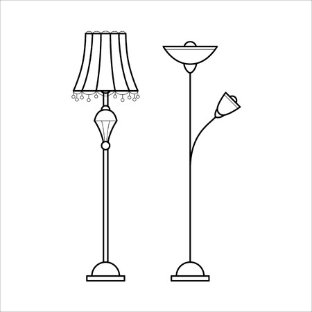 Floor lamps for house. Retro and modern chandeliers. Flat vector icon in simple outline style. Interior element for house decoration. Black thin linear illustration isolated on white background.のイラスト素材