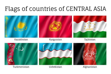 Set of flags of central Asia, Kazakhstan, Kyrgystan, Tajikistan, Turkmenistan, Uzbekistan, Afghanistan, realistic and wind waving, silky material. Vector illustrationのイラスト素材