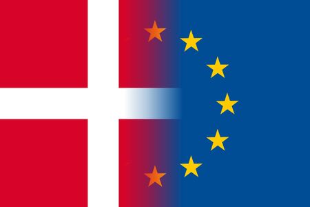 Denmark national flag with a flag of European Union twelve gold stars, solidarity and harmony with EU, member since 1 January 1973. Vector flat style illustrationのイラスト素材