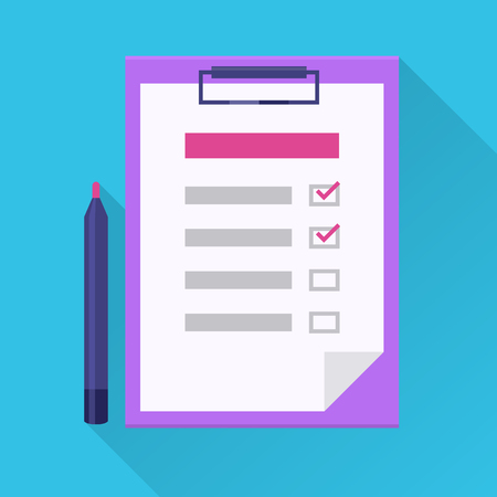 Checklist flat icon. Check list on the clipboard and pen. Flat internet icon with long shadow in cartoon style. To do list with marks. Vector colored illustration.のイラスト素材