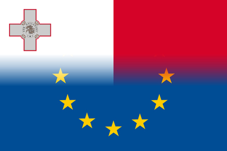 Malta national flag with a flag of European Union twelve gold stars, identity and unity with EU, member since 1 May 2004. Vector flat style illustrationのイラスト素材